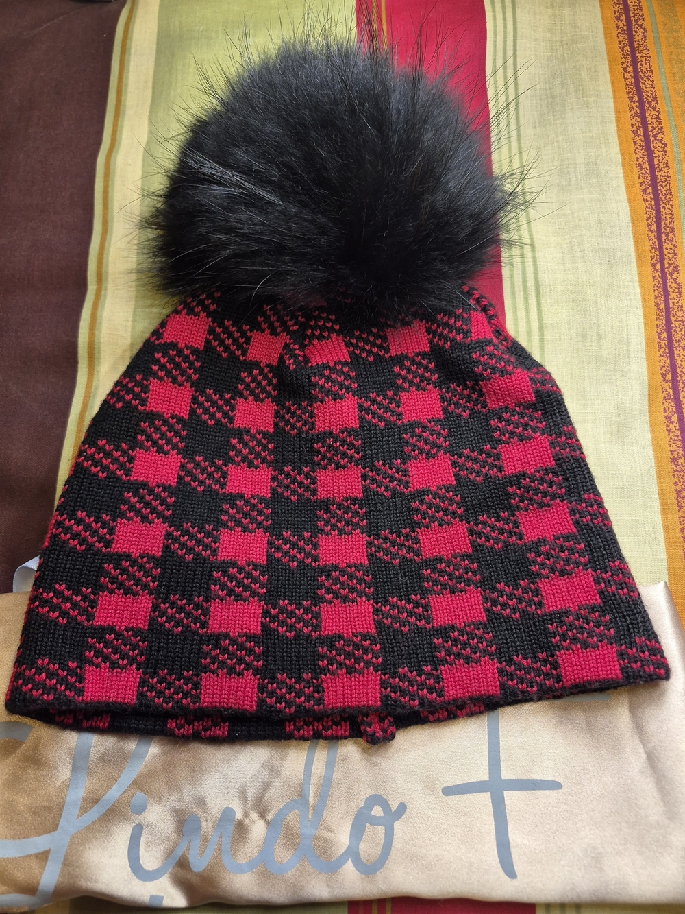 Lindo F Red & Black Check Fur Pom-Pom Beanie Hat
